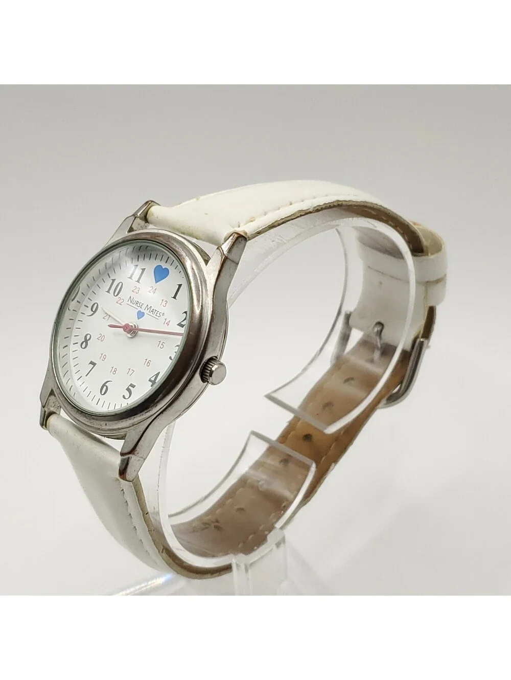Nurse Mates White 24hr Dial 31mm Quartz Womens White Leather Band New Battery